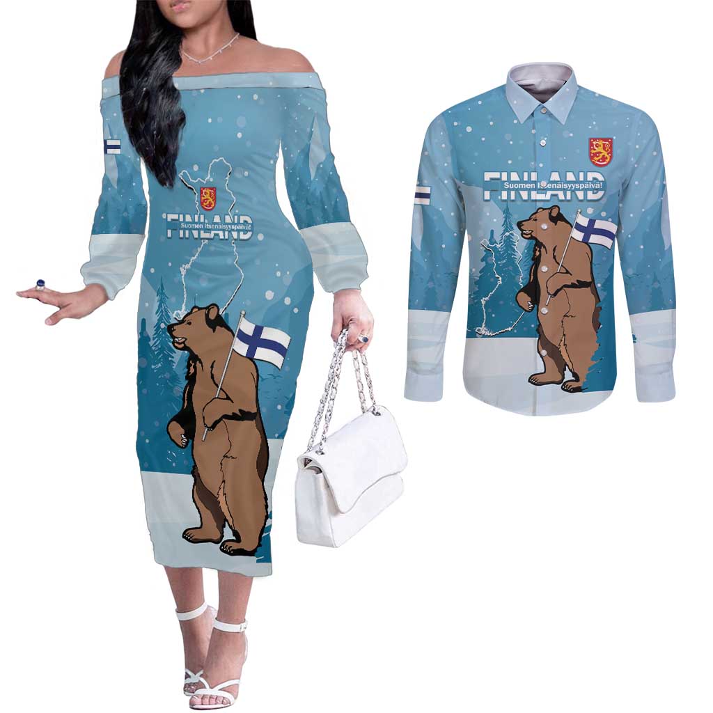 Finland Independence Day Couples Matching Off The Shoulder Long Sleeve Dress and Long Sleeve Button Shirt Suomen Itsenaistyminen Mix Brown Bear