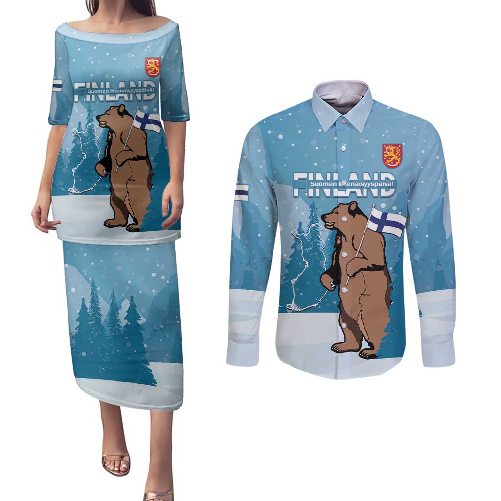 Finland Independence Day Couples Matching Puletasi and Long Sleeve Button Shirt Suomen Itsenaistyminen Mix Brown Bear - Wonder Print Shop