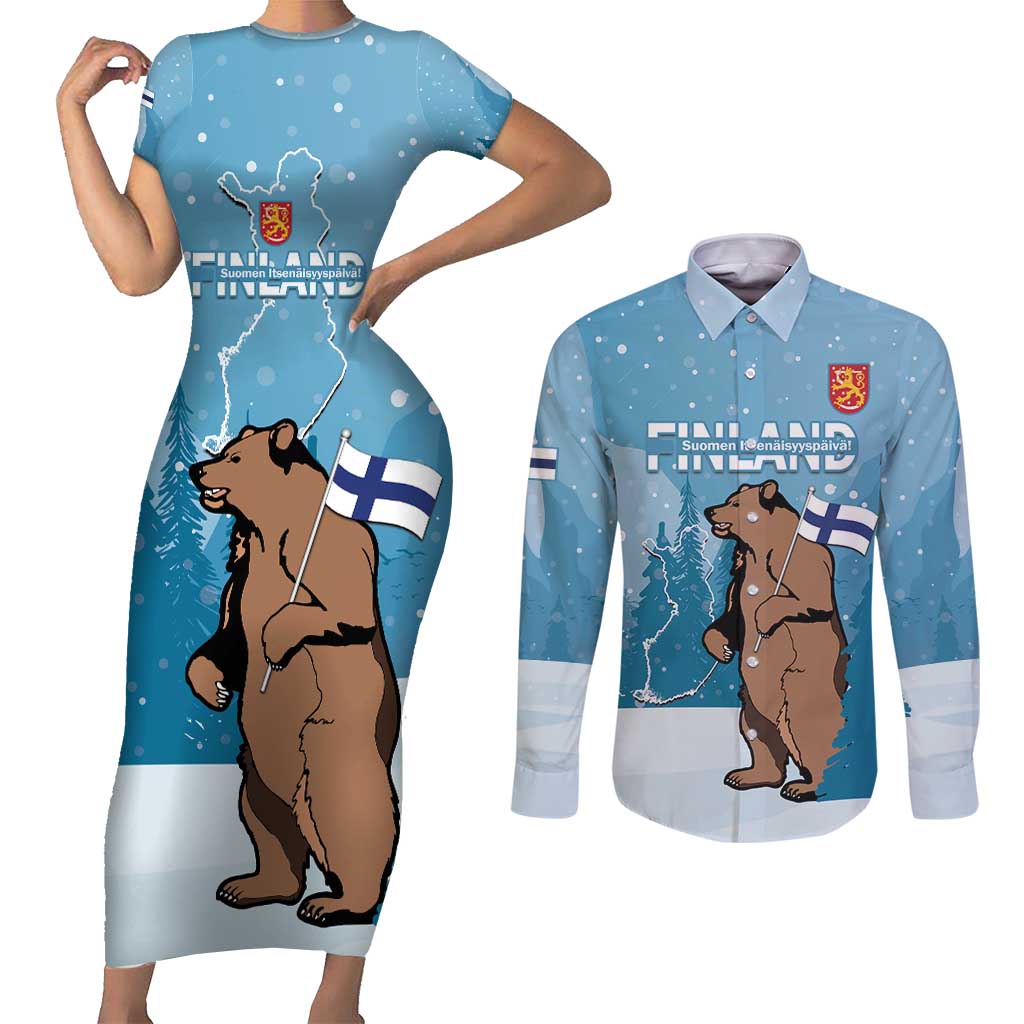 Finland Independence Day Couples Matching Short Sleeve Bodycon Dress and Long Sleeve Button Shirt Suomen Itsenaistyminen Mix Brown Bear - Wonder Print Shop