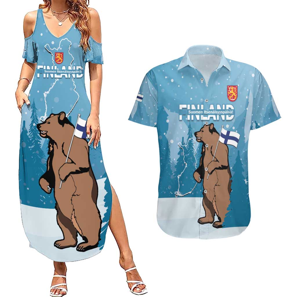 Finland Independence Day Couples Matching Summer Maxi Dress and Hawaiian Shirt Suomen Itsenaistyminen Mix Brown Bear - Wonder Print Shop