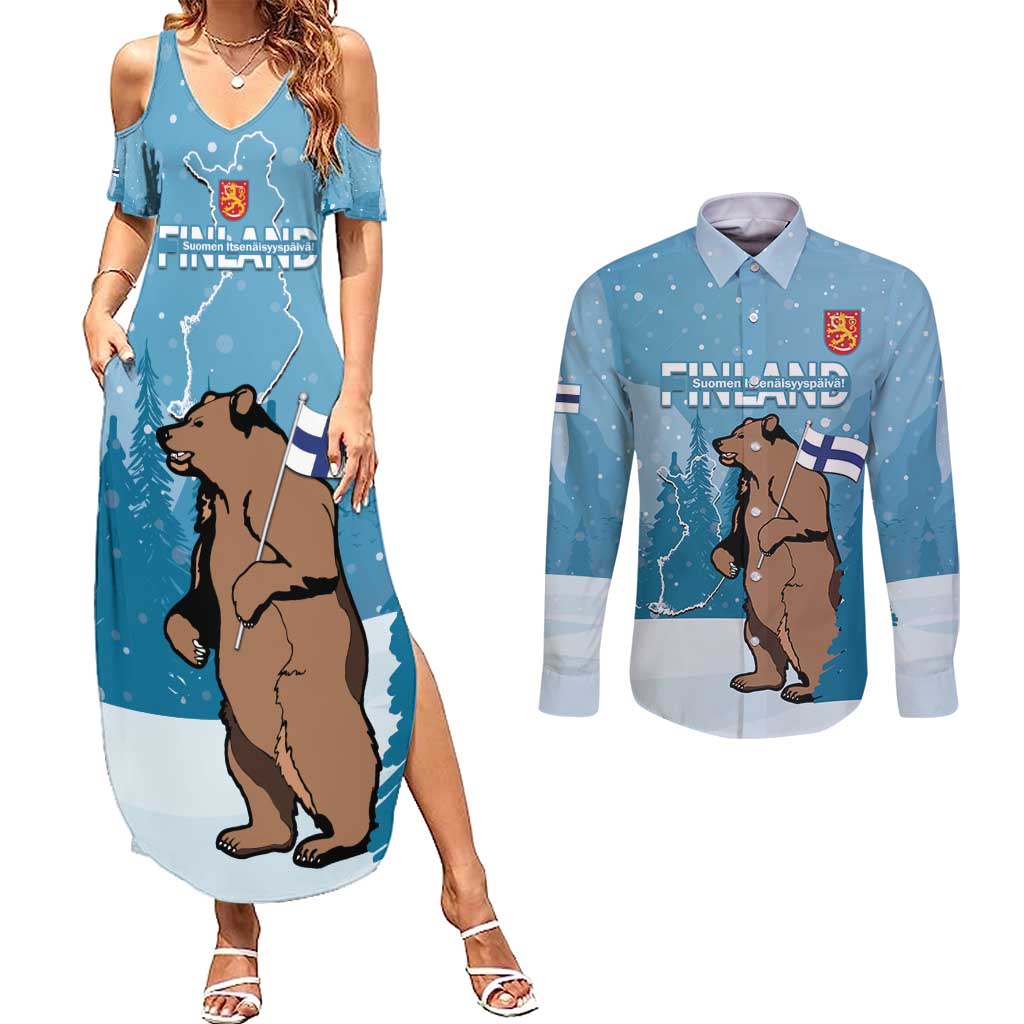 Finland Independence Day Couples Matching Summer Maxi Dress and Long Sleeve Button Shirt Suomen Itsenaistyminen Mix Brown Bear - Wonder Print Shop