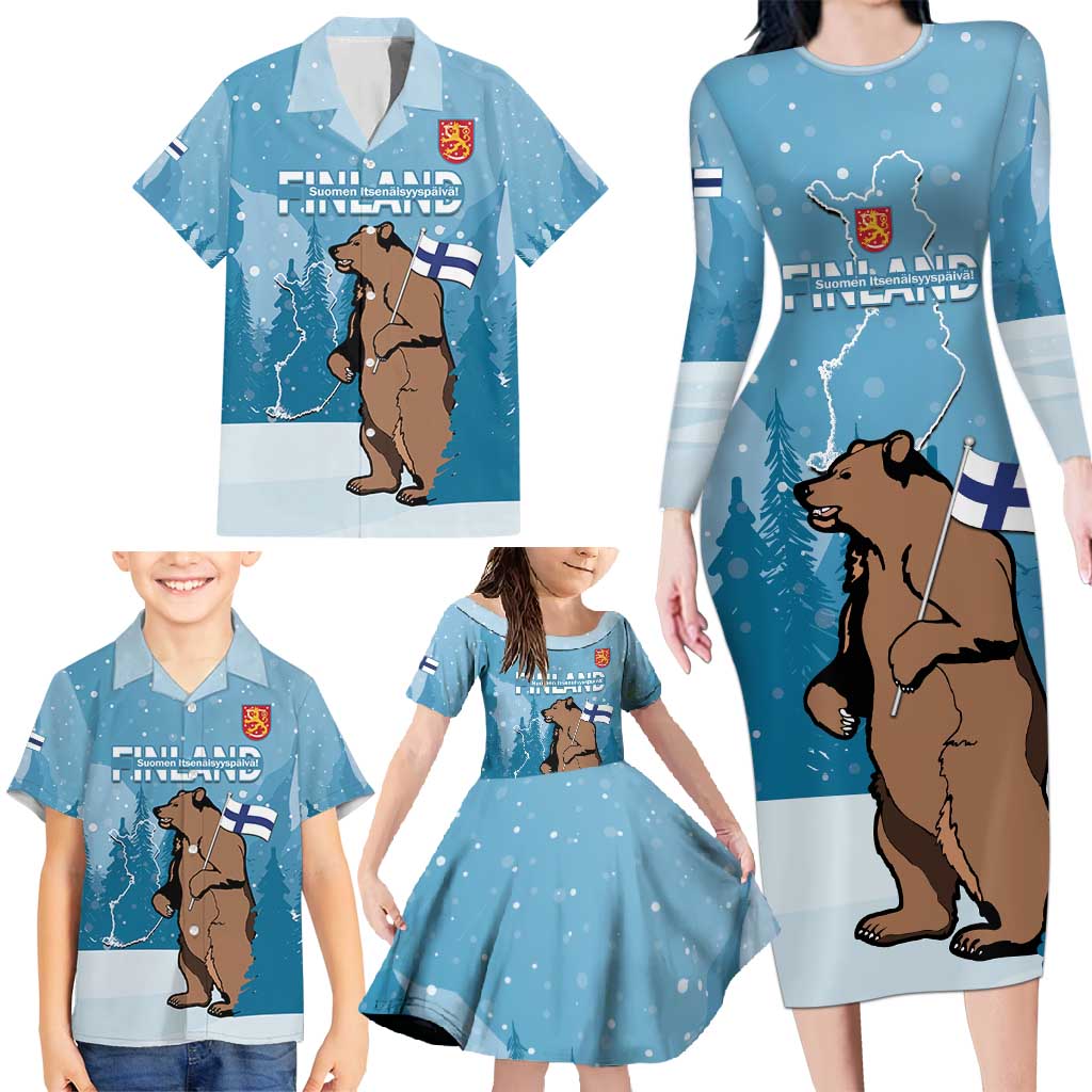 Finland Independence Day Family Matching Long Sleeve Bodycon Dress and Hawaiian Shirt Suomen Itsenaistyminen Mix Brown Bear - Wonder Print Shop