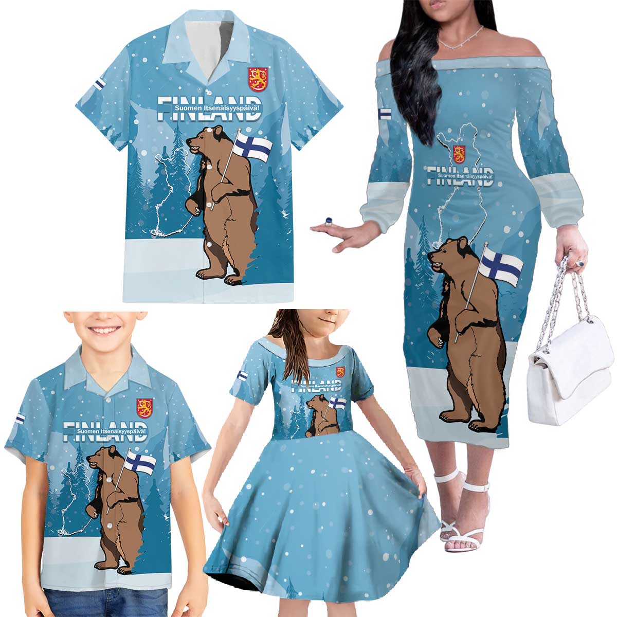 Finland Independence Day Family Matching Off The Shoulder Long Sleeve Dress and Hawaiian Shirt Suomen Itsenaistyminen Mix Brown Bear - Wonder Print Shop