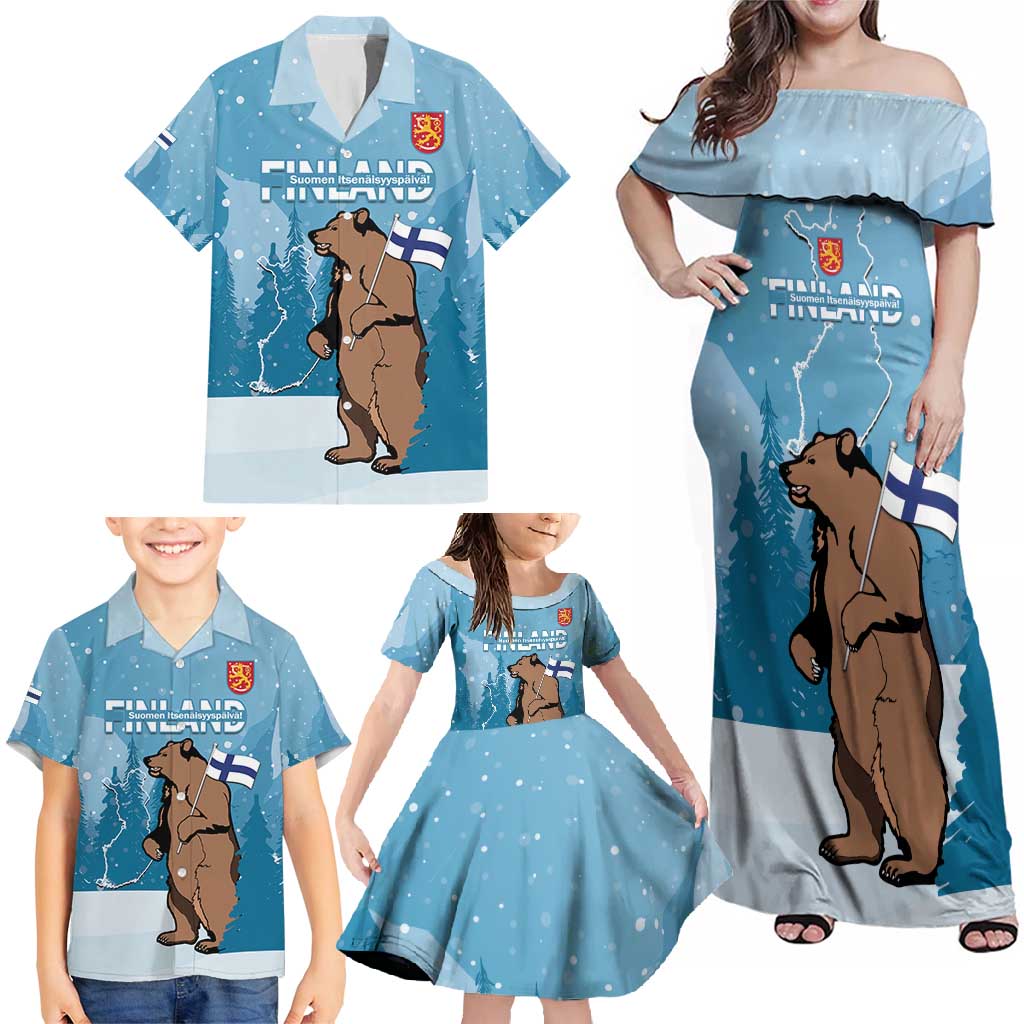 Finland Independence Day Family Matching Off Shoulder Maxi Dress and Hawaiian Shirt Suomen Itsenaistyminen Mix Brown Bear - Wonder Print Shop