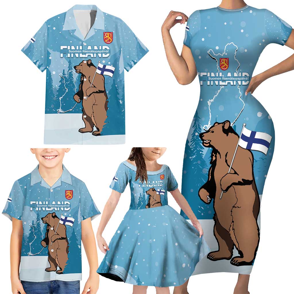 Finland Independence Day Family Matching Short Sleeve Bodycon Dress and Hawaiian Shirt Suomen Itsenaistyminen Mix Brown Bear - Wonder Print Shop