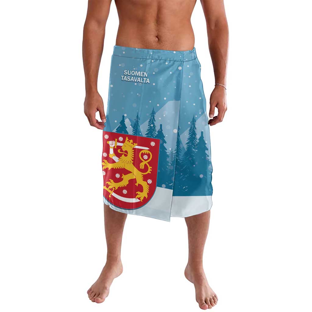 Blue printed lavalava wrap skirt with Finland crest and landscape, front view