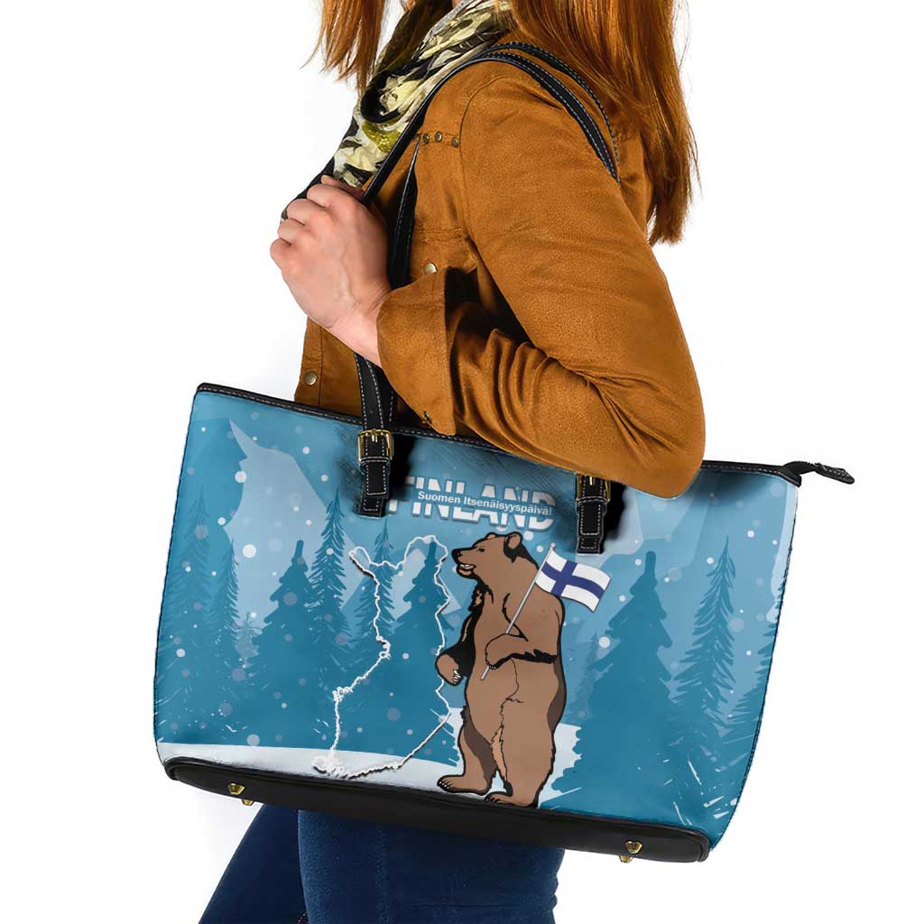 Finland Independence Day Leather Tote Bag Suomen Itsenaistyminen Mix Brown Bear - Wonder Print Shop