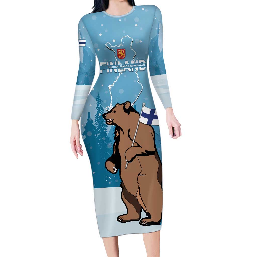 Finland Independence Day Long Sleeve Bodycon Dress Suomen Itsenaistyminen Mix Brown Bear - Wonder Print Shop