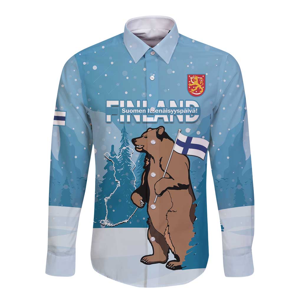 Blue long sleeve button shirt with front graphic of bear and Finland flag