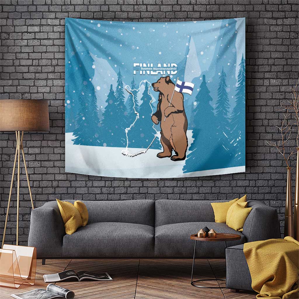 Blue Independence Day tapestry with bear holding Finnish flag and snowy pine trees