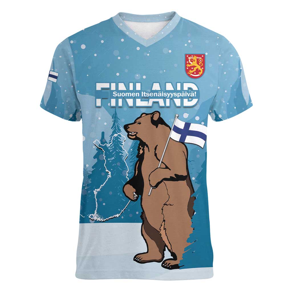 Finland Independence Day Women V-Neck T-Shirt Suomen Itsenaistyminen Mix Brown Bear - Wonder Print Shop