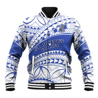 Blue and white patterned baseball jacket with black ribbed collar, front logo, and pocket