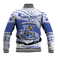 Blue and white patterned baseball jacket with custom text, back crest, and black ribbed cuffs