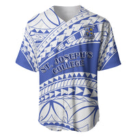 Blue and white patterned baseball jersey with St Joseph's College front crest and text