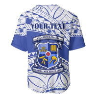 Blue and white patterned baseball jersey with back crest and 'YOUR TEXT' graphic