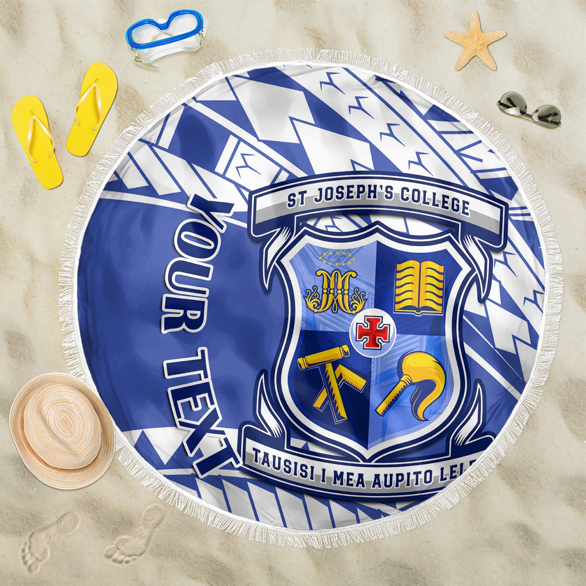 Personalized round blue beach blanket with white pattern, crest badge, and fringed edge