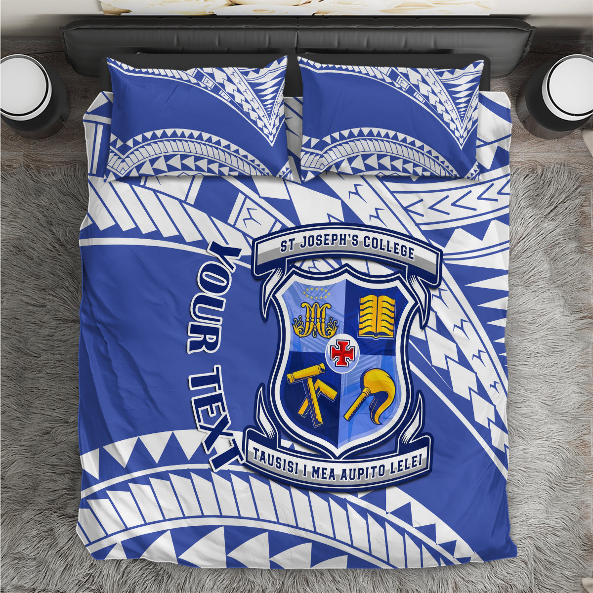 Blue and white college crest bedding set with matching pillowcases, patterned design