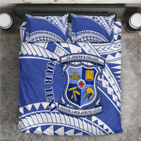 Blue and white college crest bedding set with matching pillowcases, patterned design