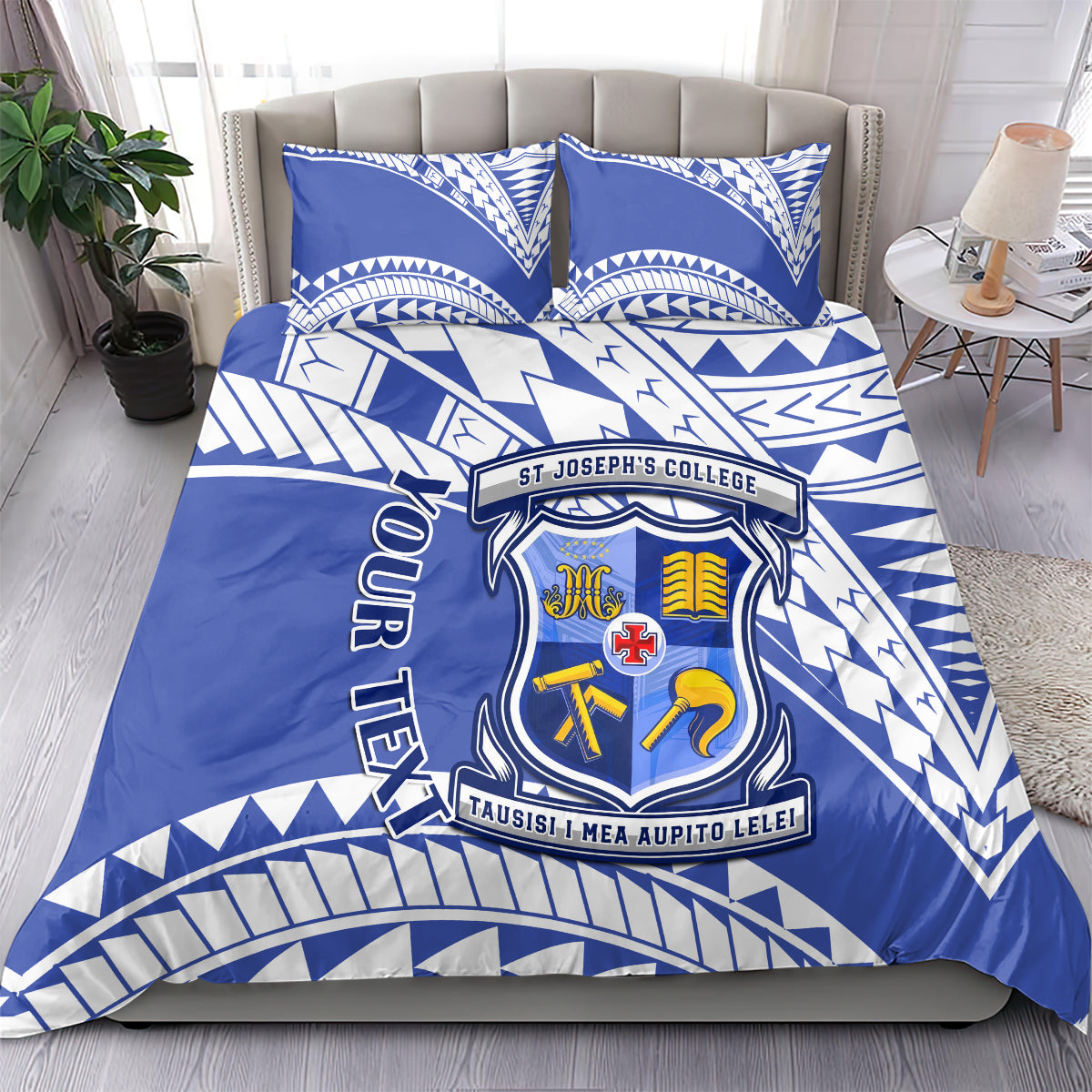 Blue and white duvet cover with college crest and geometric pattern plus 2 pillowcases