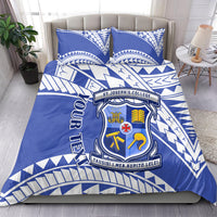 Blue and white duvet cover with college crest and geometric pattern plus 2 pillowcases