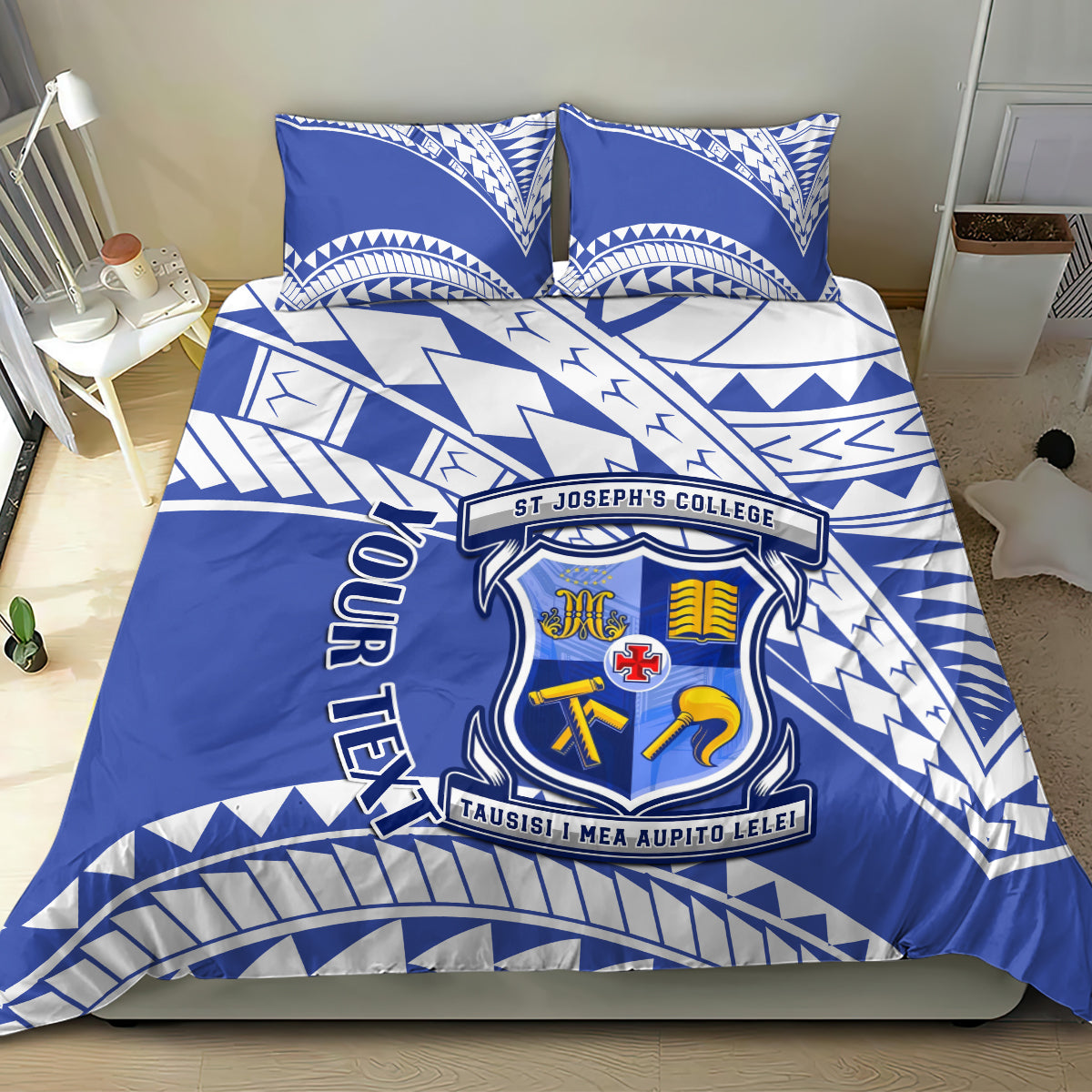 Blue and white duvet cover with school crest, geometric trim, and two matching pillowcases