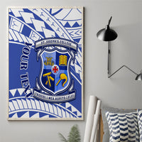 Blue canvas wall art with school crest, ribbon text, and bold geometric accents