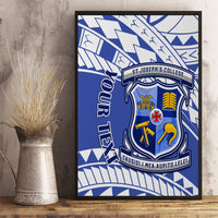 Framed blue canvas wall art with school crest and geometric ribbon text