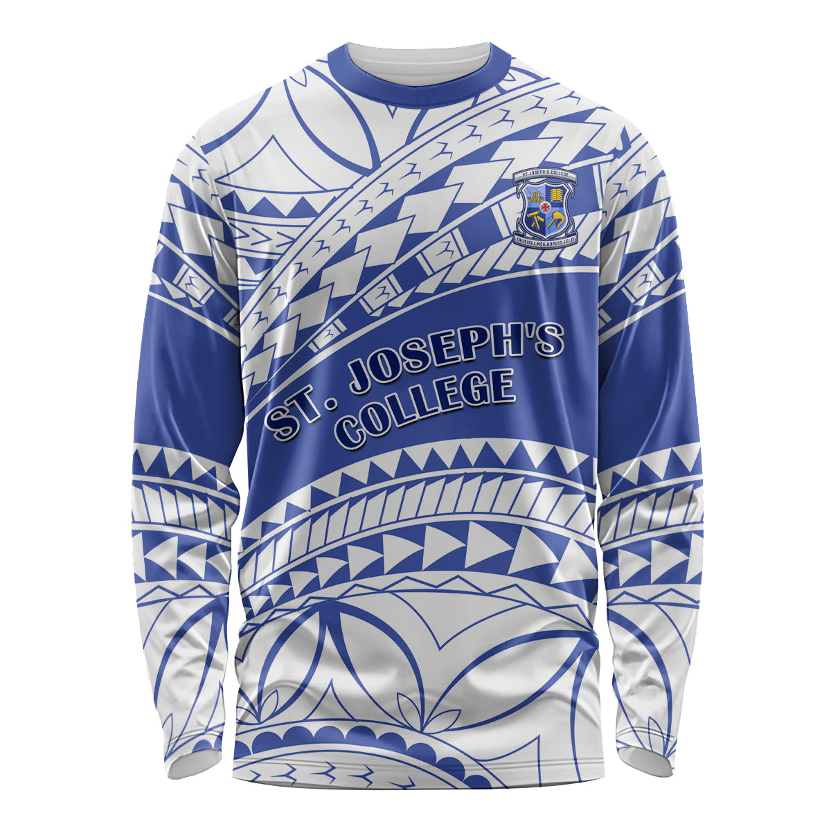 Blue and white long-sleeve college shirt with St Joseph's College graphic and geometric pattern