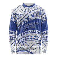 Blue and white long-sleeve college shirt with St Joseph's College graphic and geometric pattern