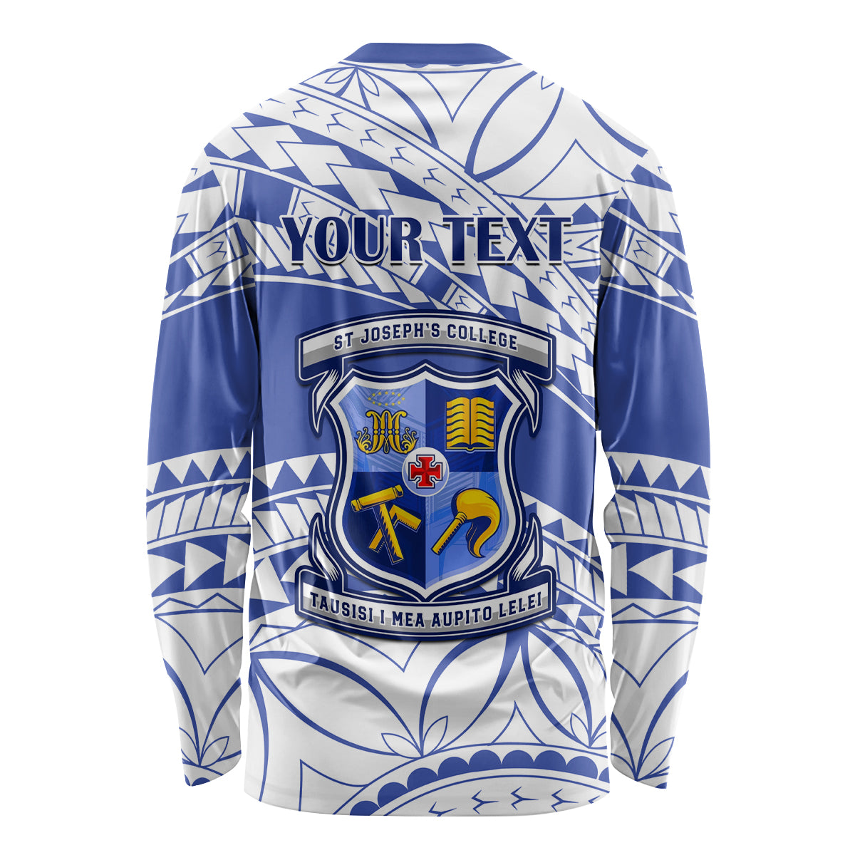 Blue and white long-sleeve shirt back with YOUR TEXT and St Joseph's College crest