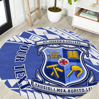 Round blue patterned carpet rug with central college crest and circular border