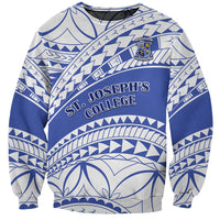 Blue and white crewneck sweatshirt with St Joseph's College text and crest print