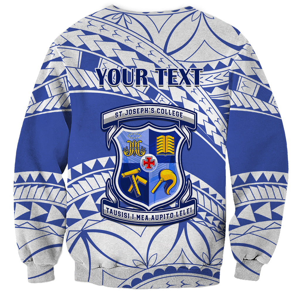 Blue and white crewneck sweatshirt with Your Text banner and school crest on back