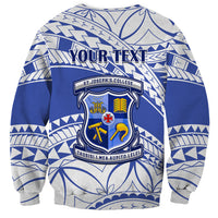 Blue and white crewneck sweatshirt with Your Text banner and school crest on back