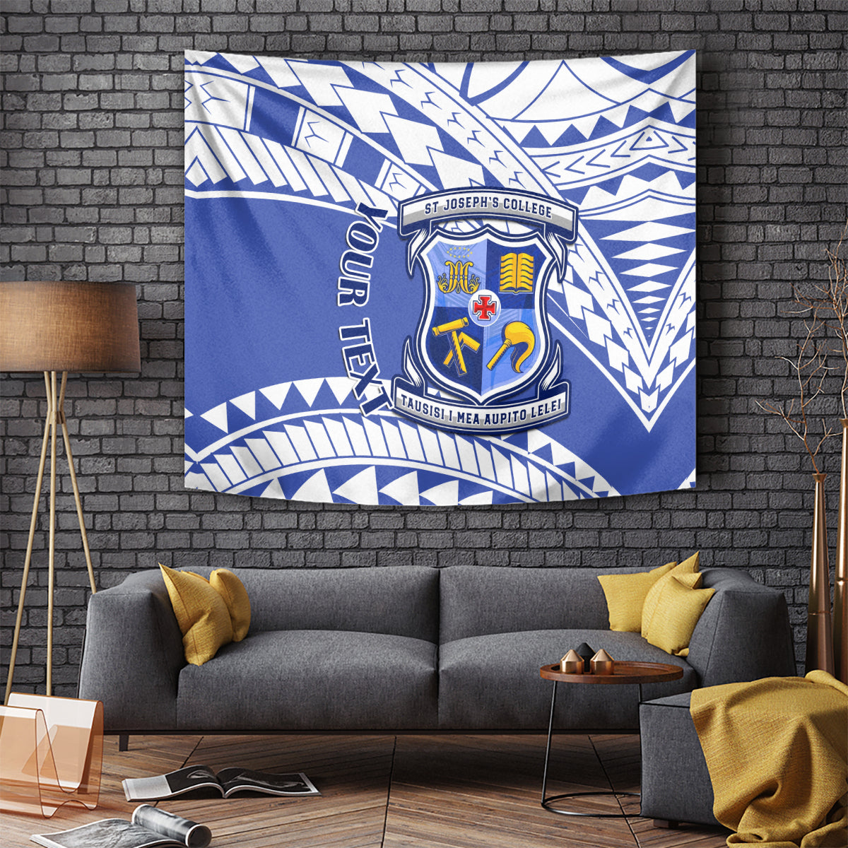 Blue and white patterned tapestry with school crest emblem at center