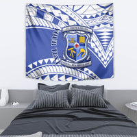 Blue fabric tapestry featuring St Joseph's College crest and Polynesian-style patterns