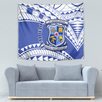 Blue and white school crest tapestry with bold geometric pattern border