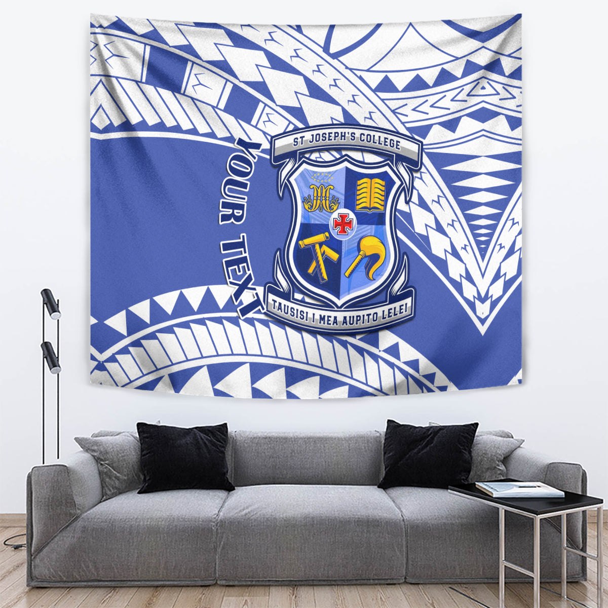 Blue tapestry with large St Joseph's College crest and white tribal-style motifs