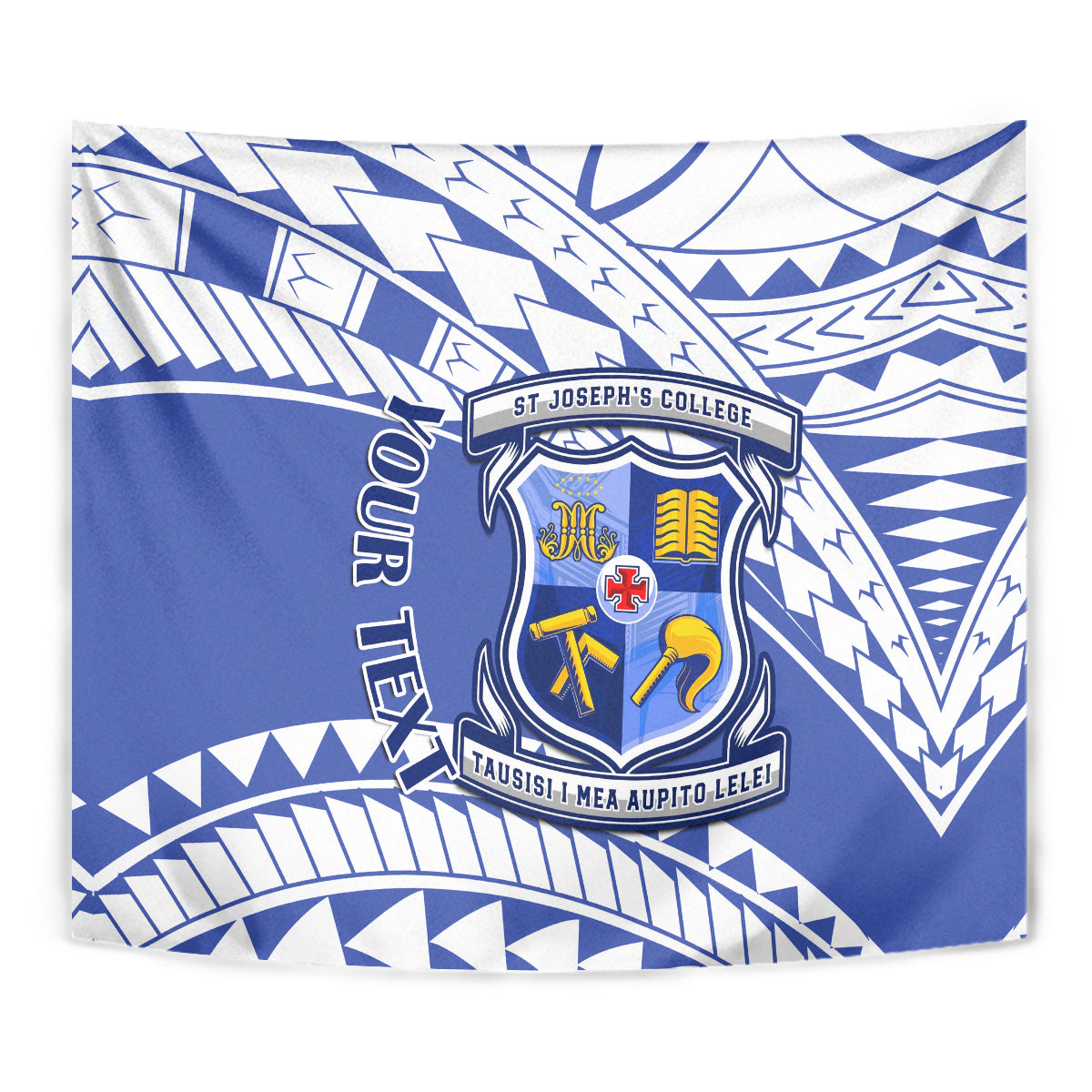 Close-up blue tapestry showing St Joseph's College crest and white geometric pattern