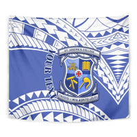 Close-up blue tapestry showing St Joseph's College crest and white geometric pattern
