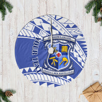 Blue and white patterned personalized tree skirt with school crest, circular design