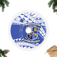 Blue and white circular tree skirt with school crest centerpiece and woven border