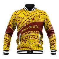 Gold and brown baseball jacket with Samoan pattern, striped collar, snap front