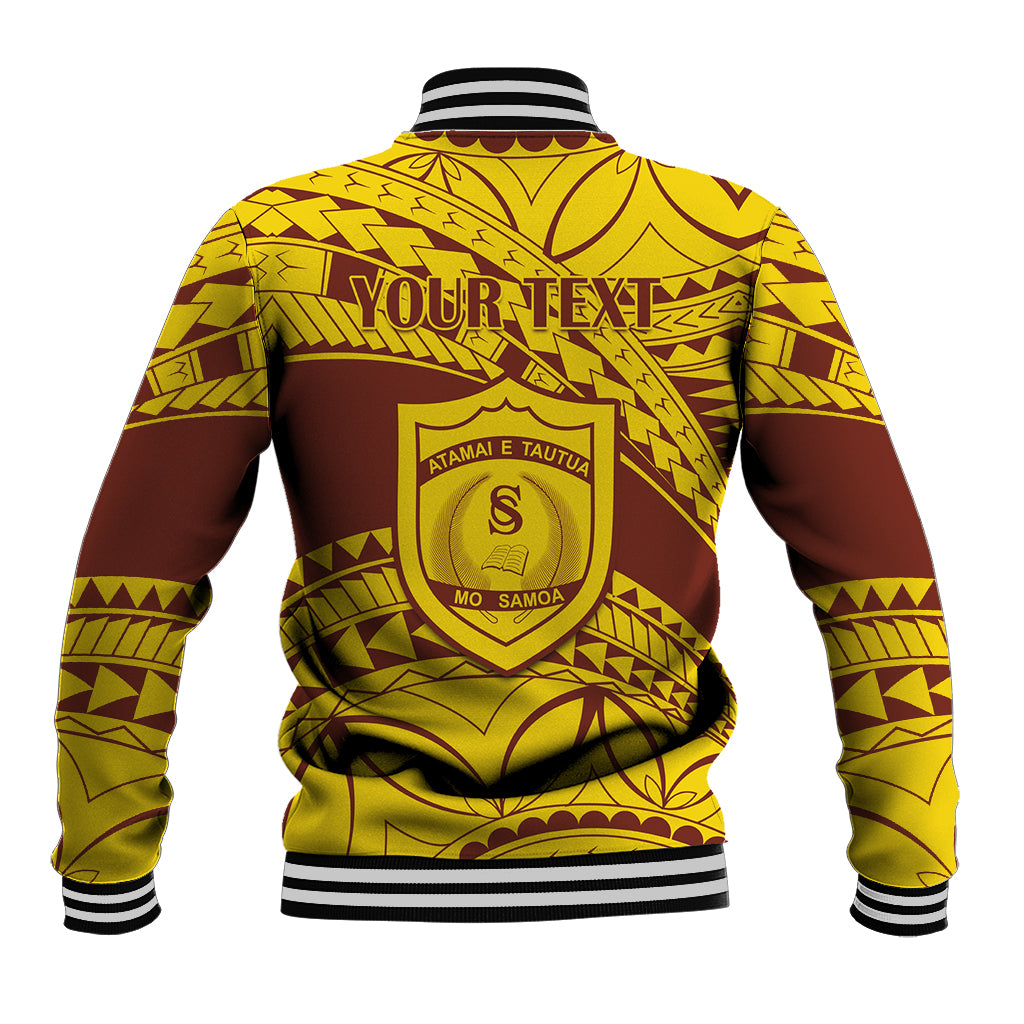 Back view baseball jacket in gold and brown with Samoan shield graphic and striped hem
