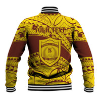 Back view baseball jacket in gold and brown with Samoan shield graphic and striped hem
