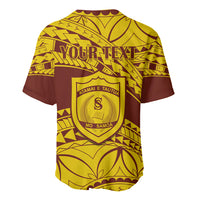 Gold baseball jersey with 'YOUR TEXT' graphic, Samoan tribal print, buttoned V-neck