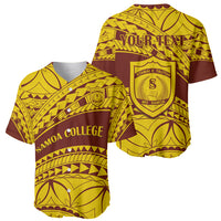 Gold baseball jersey with Samoan crest; front view and 'YOUR TEXT' back view
