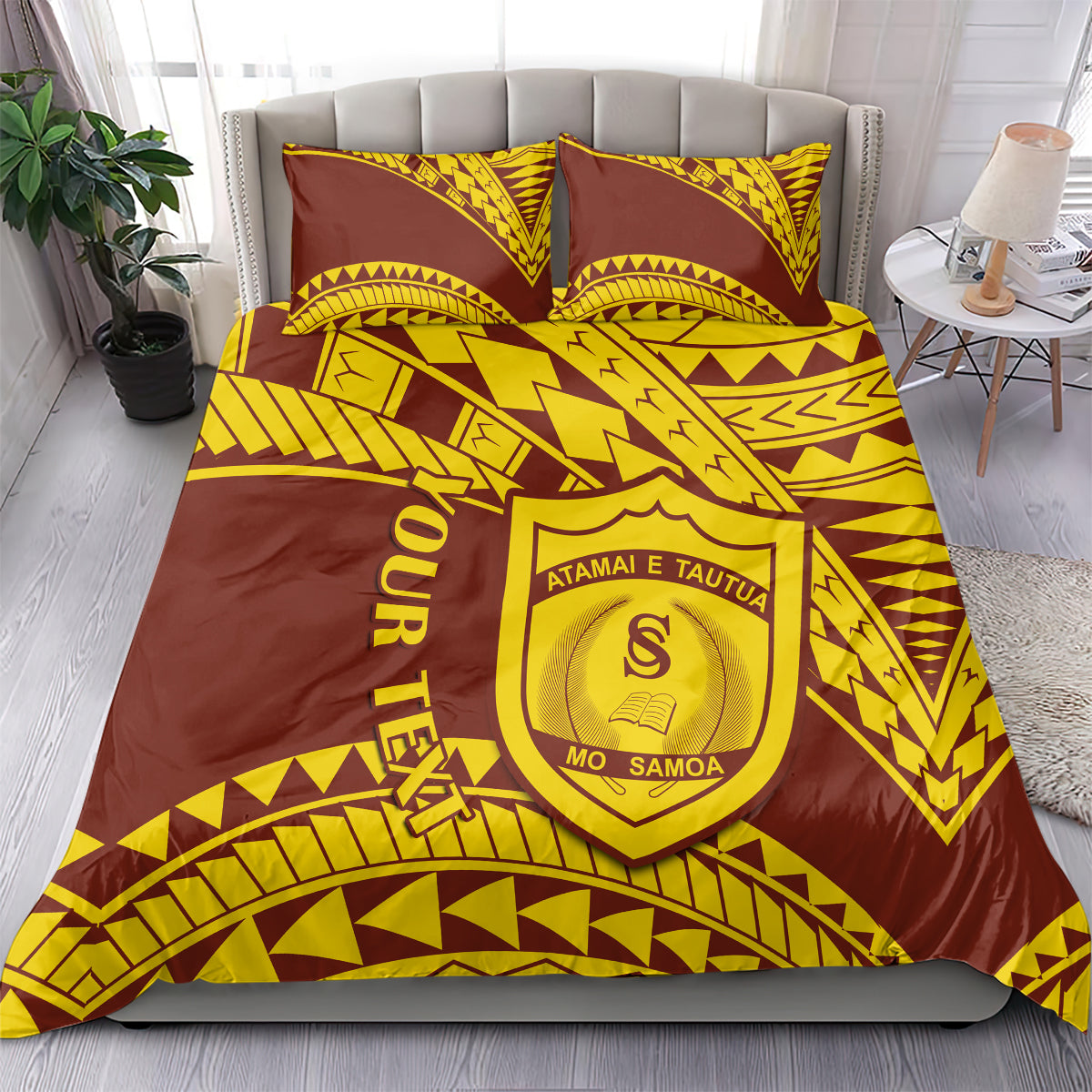 Samoan pattern duvet bedding set in maroon and gold, crest design with two cushions