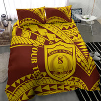Samoan pattern bedding set, maroon-and-gold geometric print with shield crest and two pillowcases