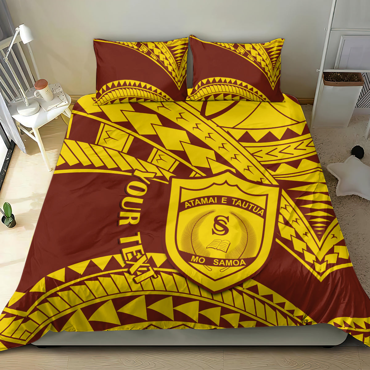Samoan pattern bedding set, maroon and gold duvet with shield crest, two matching pillowcases